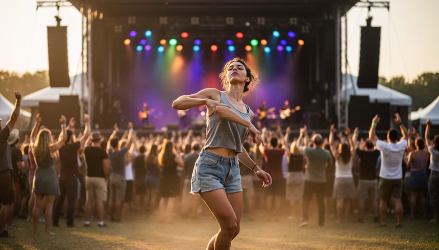 A dancer improvises in motion near a live festival stage with colorful lighting and a blurred crowd in the background.