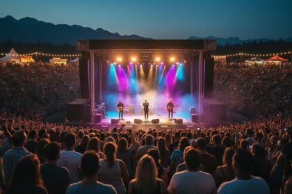 Outdoor Canadian music festival at dusk with a glowing stage, performers, and a cheering crowd under colorful lights.