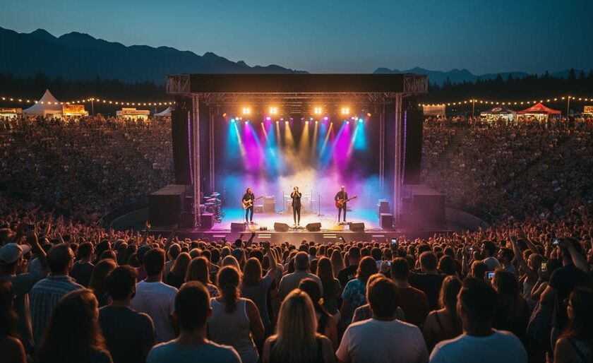 Outdoor Canadian music festival at dusk with a glowing stage, performers, and a cheering crowd under colorful lights.