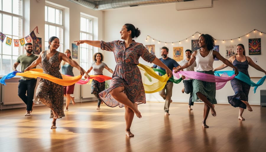 Festival-goers practice contemporary dance steps together in a studio during a beginner class.