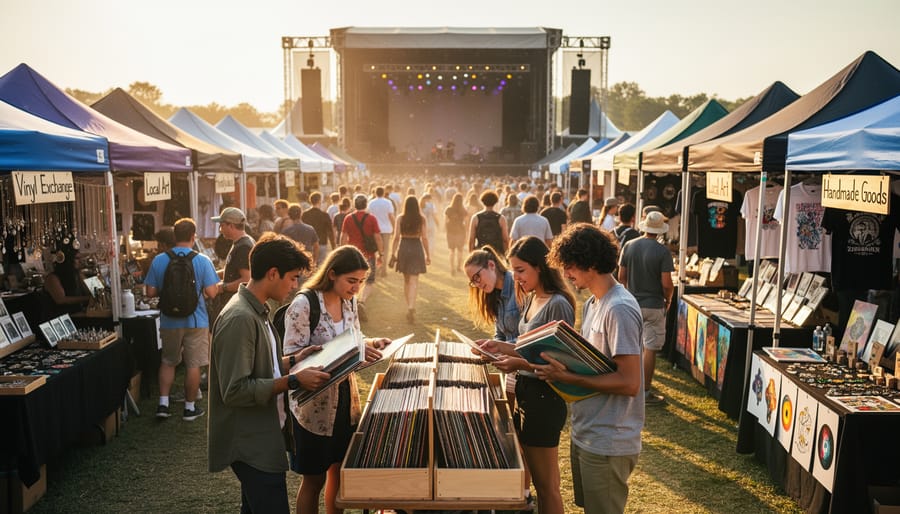 Attendees exchanging vinyl records and festival wristbands at an outdoor vendor area