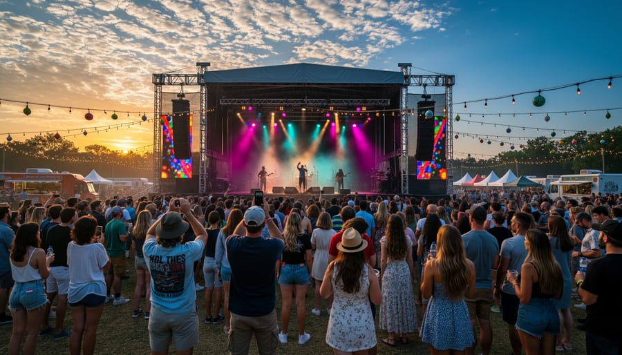 Crowd at an outdoor Canadian music festival at dusk with colorful stage lights and diverse attendees