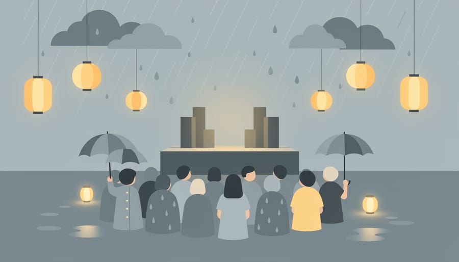Rainy Canadian music festival scene with a poncho and lantern in the foreground and stage lights blurred in the distance