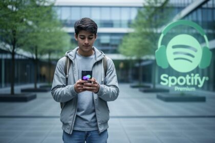 A Canadian student on a university campus holding a smartphone with headphones, representing Spotify’s student discount in Canada.
