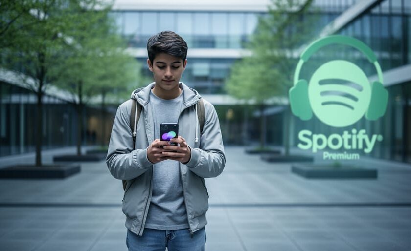 A Canadian student on a university campus holding a smartphone with headphones, representing Spotify’s student discount in Canada.
