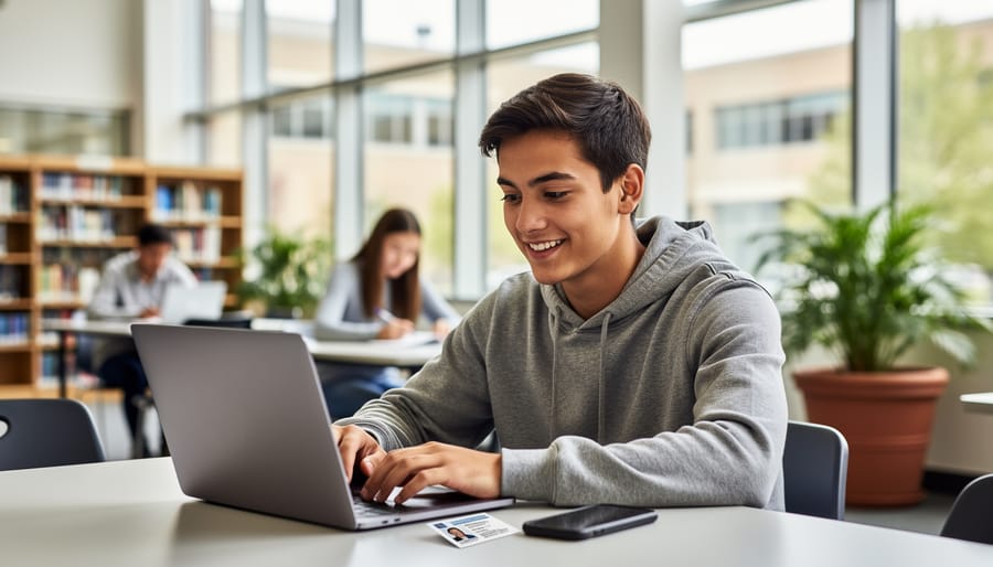 Student holding a university ID card and smartphone in a campus library