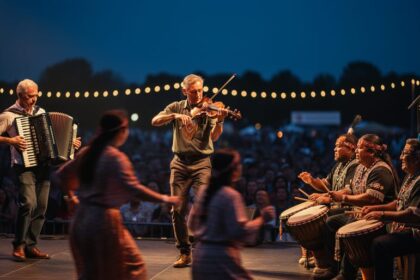 Fiddle and accordion musicians perform on a Canadian festival stage beside an Indigenous hand drum circle as dancers move in the foreground under warm lights