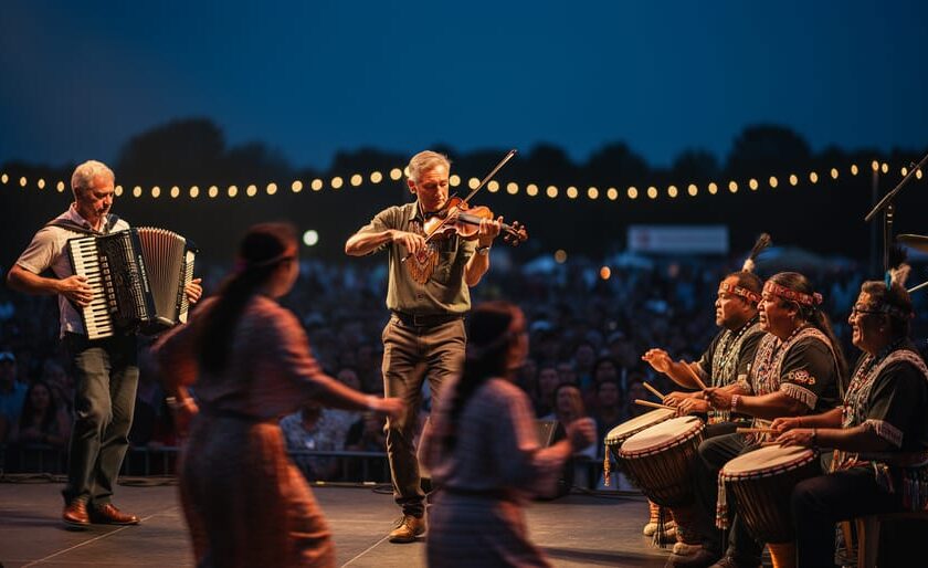 Fiddle and accordion musicians perform on a Canadian festival stage beside an Indigenous hand drum circle as dancers move in the foreground under warm lights