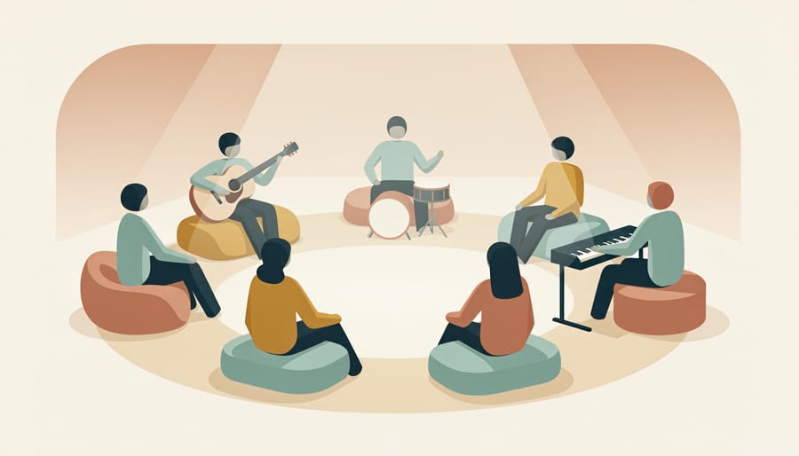 Musicians seated in a circle inside a small tent during an informal traditional music jam