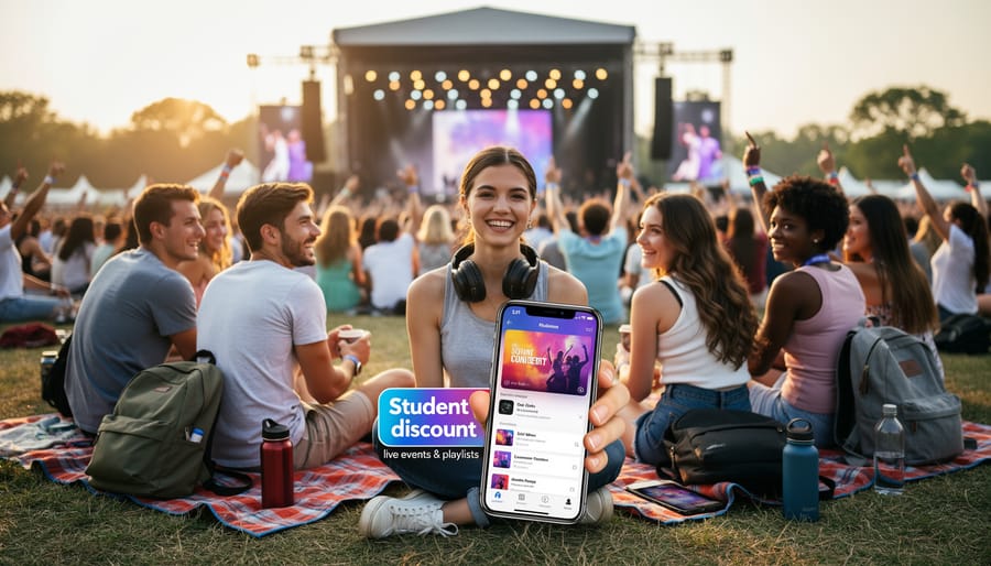 Young adult wearing headphones near a crowd at an outdoor evening festival