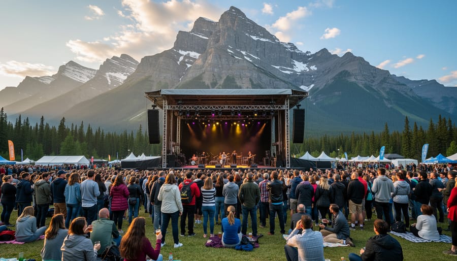 Audience and musicians at an open-air concert with snow-capped Banff mountains in the background during golden hour.