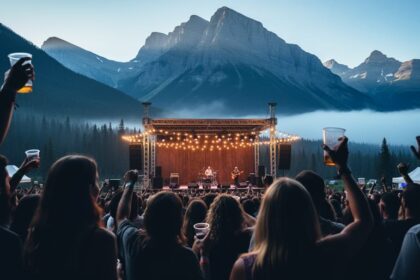 Outdoor music festival in Banff with a glowing stage, concertgoer silhouettes, and the Canadian Rockies in the background.