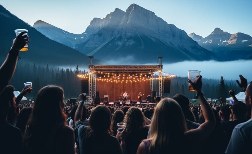 Outdoor music festival in Banff with a glowing stage, concertgoer silhouettes, and the Canadian Rockies in the background.