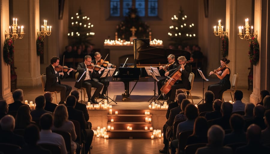 Candlelit classical concert with string performers and seated audience in a warmly lit room