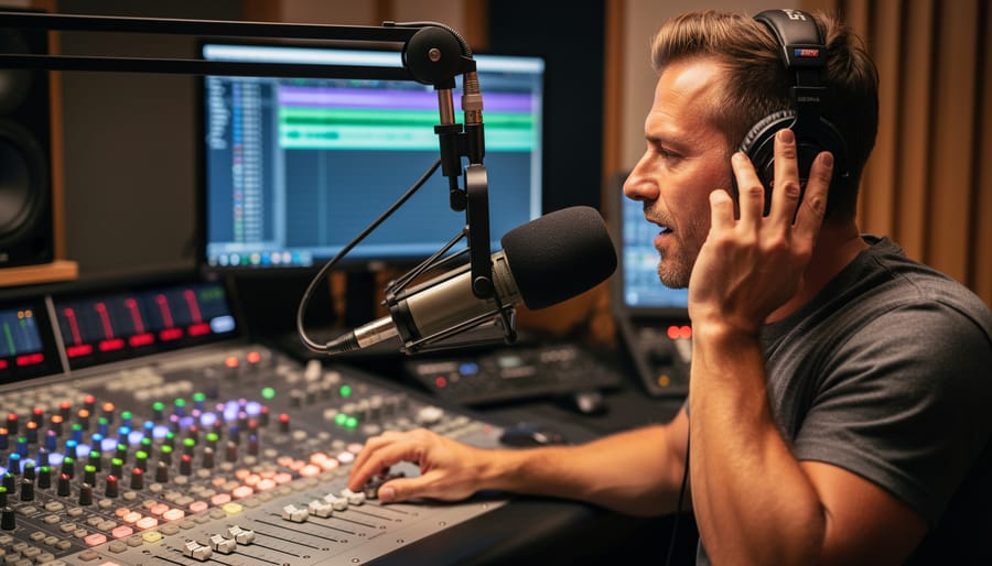 Close-up of a country radio microphone in a studio with headphones and a mixing console in the background