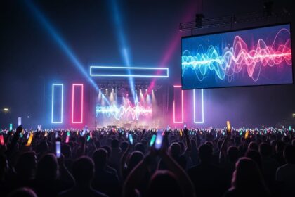 Festival crowd and glowing stage with neon lights and an overhead abstract music-video screen suggesting a continuous music live stream channel.