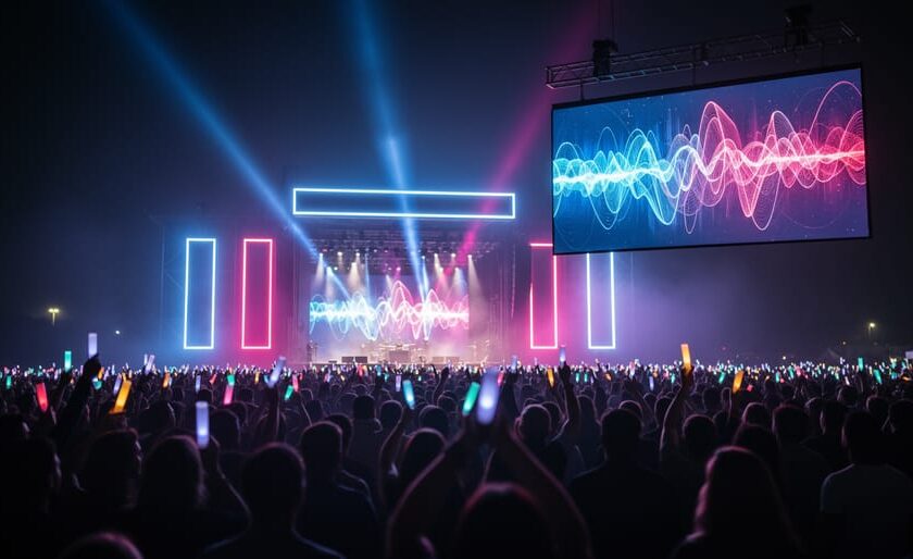 Festival crowd and glowing stage with neon lights and an overhead abstract music-video screen suggesting a continuous music live stream channel.