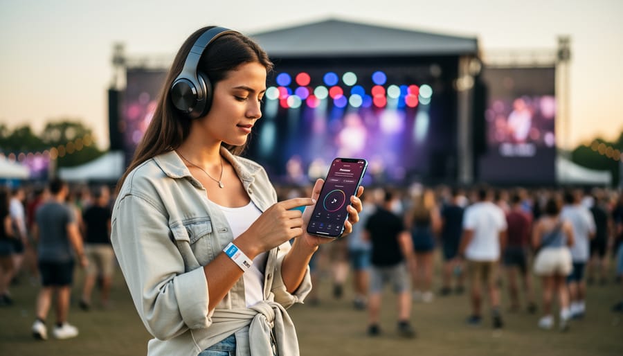 Festival-goer holding a smartphone while wearing over-ear headphones with blurred stage lights in the background
