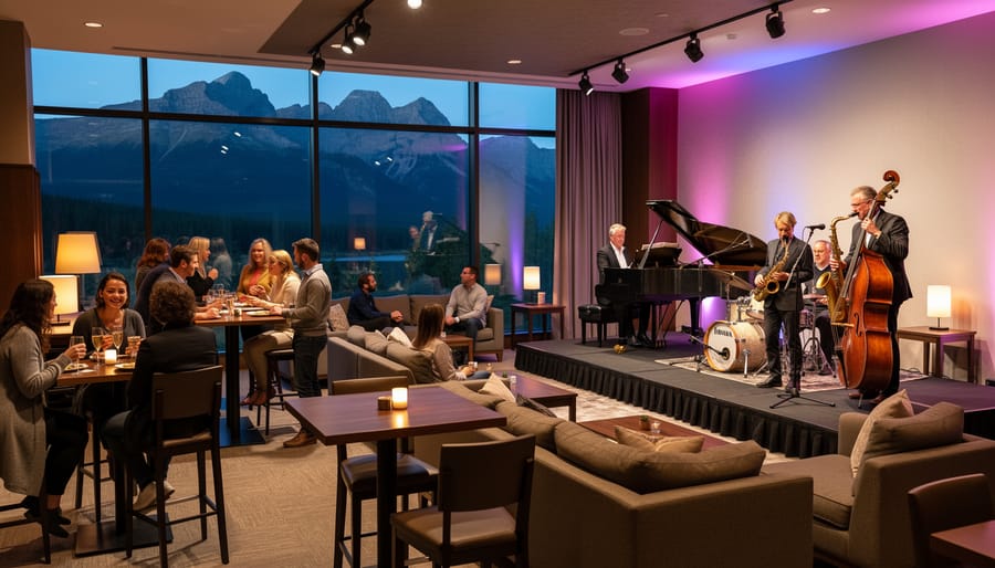Festival-goers enjoying a jazz or contemporary performance in a warm lodge lounge with musicians on stage in the background.
