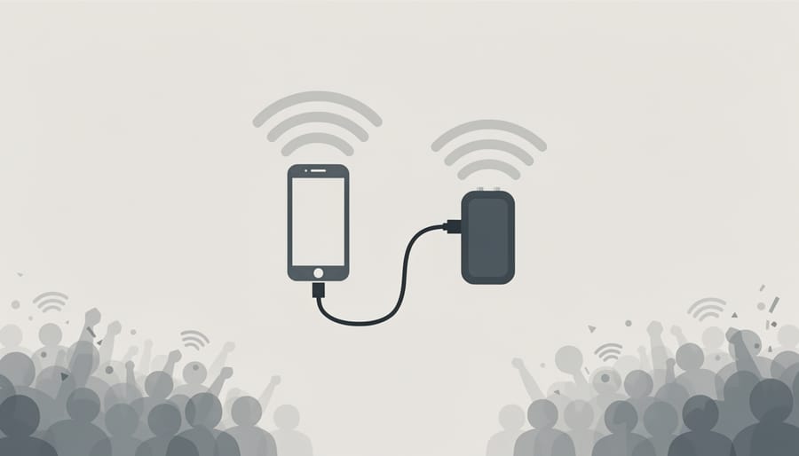 Hand placing a portable power bank into a bag next to a phone and charging cable, with festival items blurred in the background