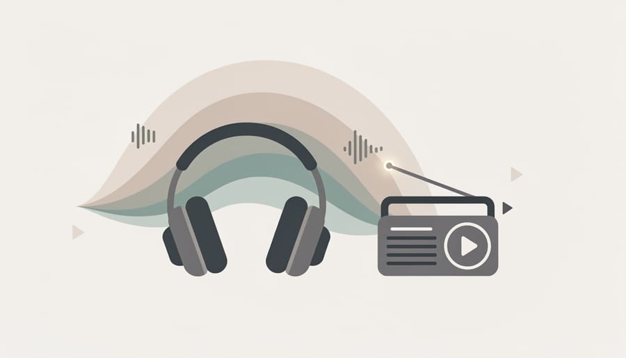 Headphones on a coffee table beside a portable radio and smartphone with softly glowing music imagery