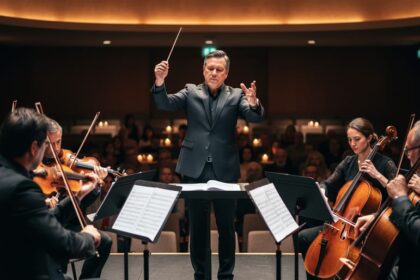 A conductor and chamber orchestra performing under warm amber candlelit lighting in a close-up intimate venue setting, with the audience blurred in the background.