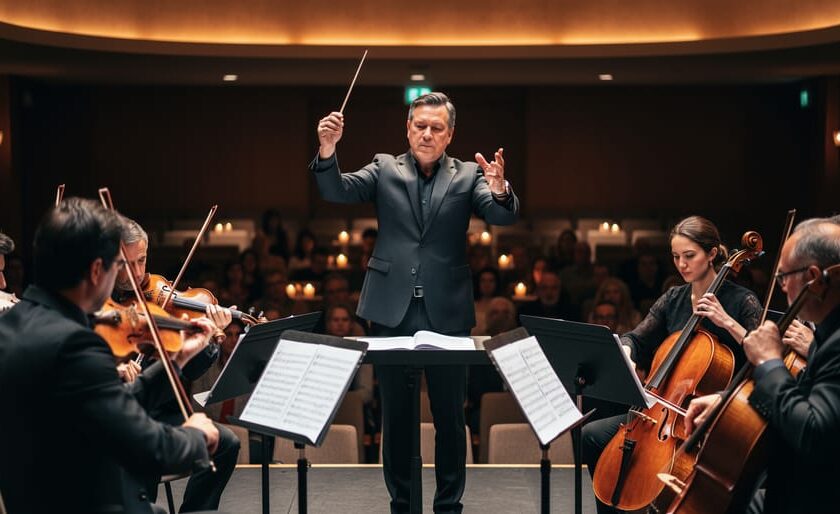 A conductor and chamber orchestra performing under warm amber candlelit lighting in a close-up intimate venue setting, with the audience blurred in the background.