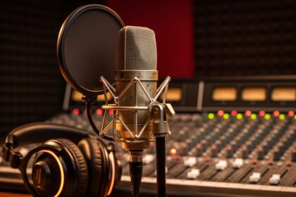 Close-up of a country radio microphone with headphones and a blurred mixing console in a studio, suggesting live broadcasting.