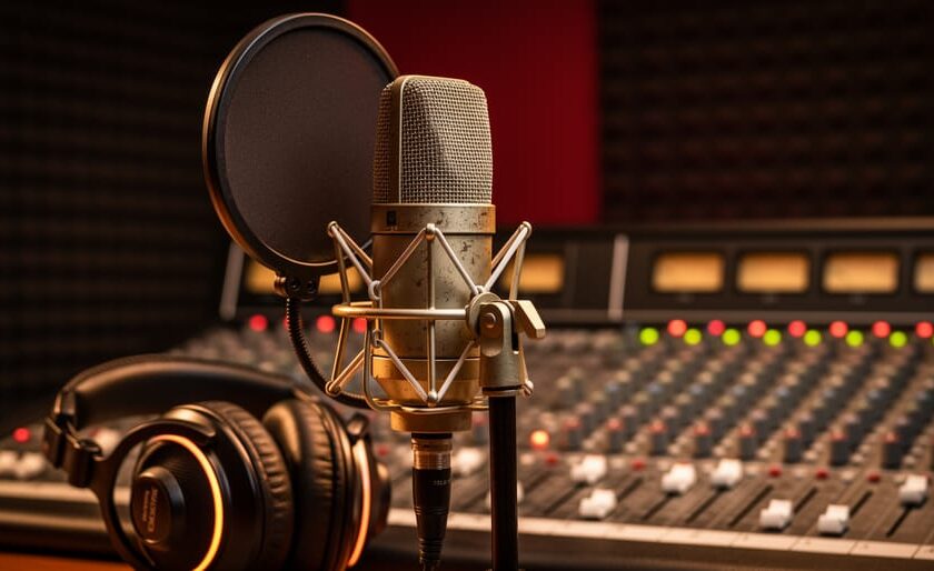 Close-up of a country radio microphone with headphones and a blurred mixing console in a studio, suggesting live broadcasting.