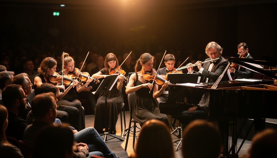 Musicians and a conductor performing on stage with warm amber lighting and blurred audience in the background