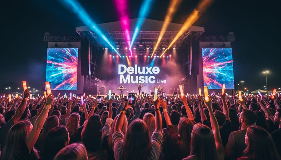 Nighttime outdoor festival stage with colorful lights and silhouetted crowd