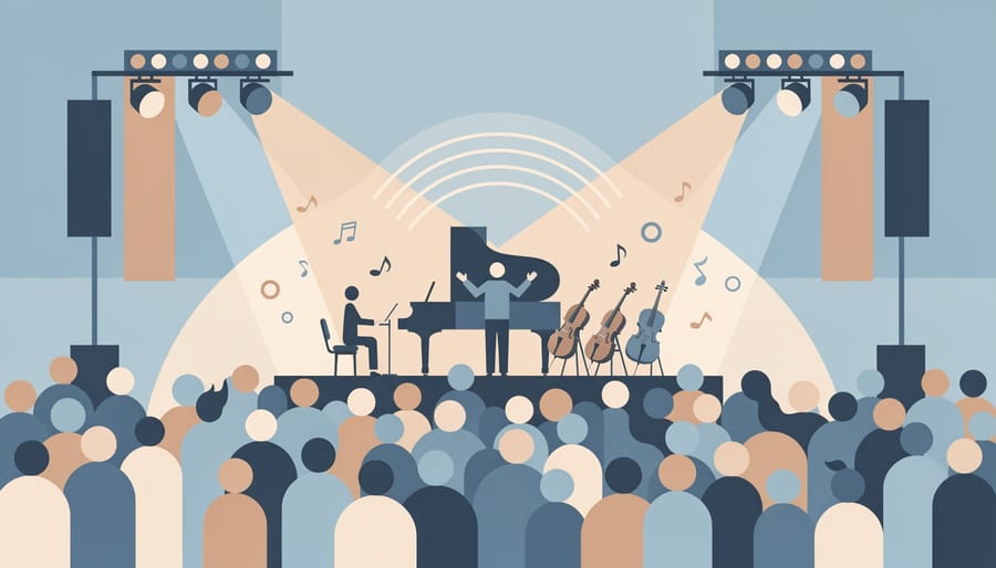 People in a lively crowd watching a string quartet on stage with colorful festival-style lighting