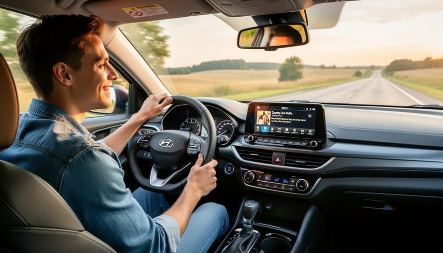 Person in cowboy boots streaming live country music on a phone in a car at sunset