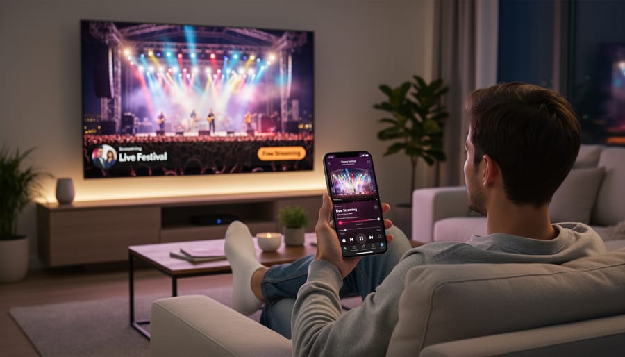 Person relaxing on a sofa using a smartphone and watching a TV with blurred live music performances
