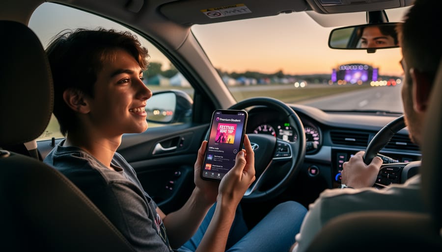 Smartphone and earbuds set up in a car at dusk for listening during a road trip.