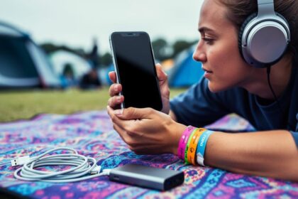 Festival attendee wearing headphones beside a smartphone and portable charger at a campsite, suggesting music downloaded for offline listening.