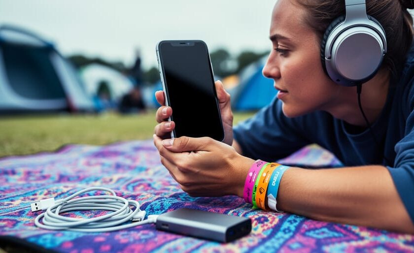 Festival attendee wearing headphones beside a smartphone and portable charger at a campsite, suggesting music downloaded for offline listening.
