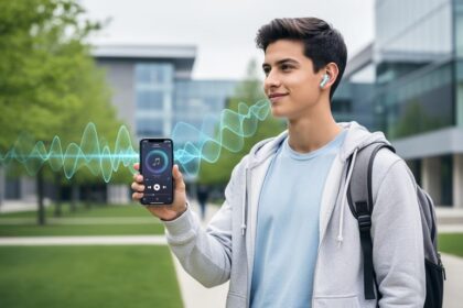 Canadian student outside on campus with earbuds and a smartphone representing music listening for a premium student discount theme.