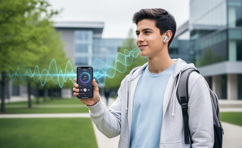 Canadian student outside on campus with earbuds and a smartphone representing music listening for a premium student discount theme.