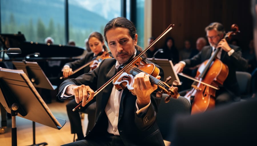 String quartet performing in a warm, intimate chamber hall with bows and instruments in sharp focus.