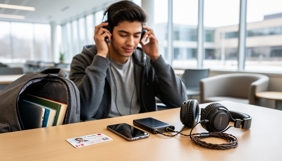 Student at a Canadian campus table with earbuds and a student ID card, ready to set up music on their phone.