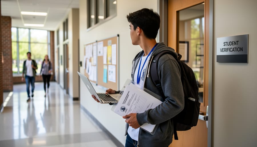 Student carrying a backpack and phone while walking on campus toward verification.