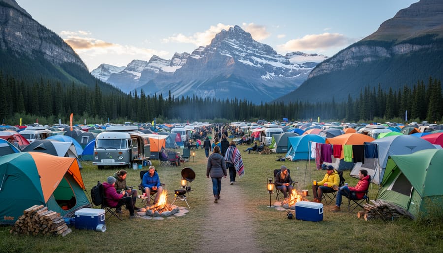 Tents and festival blankets in a mountain campsite setting near evergreen trees with rugged peaks in the distance.