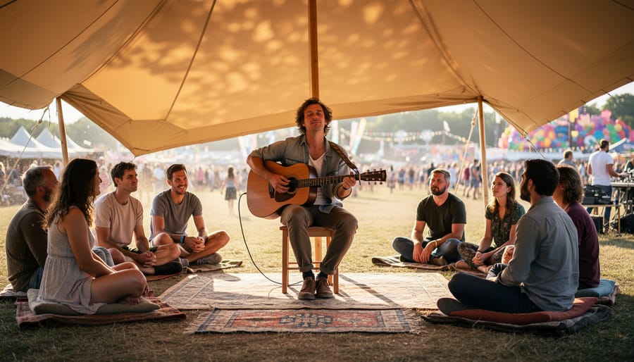 Acoustic singer performing in a shaded festival tent with a calm seated audience