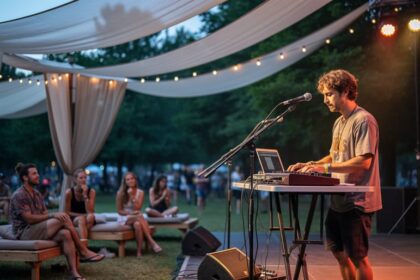 Outdoor festival chill zone with a relaxing live music performer under shaded canopies and an audience seated in a calm, laid-back setting.