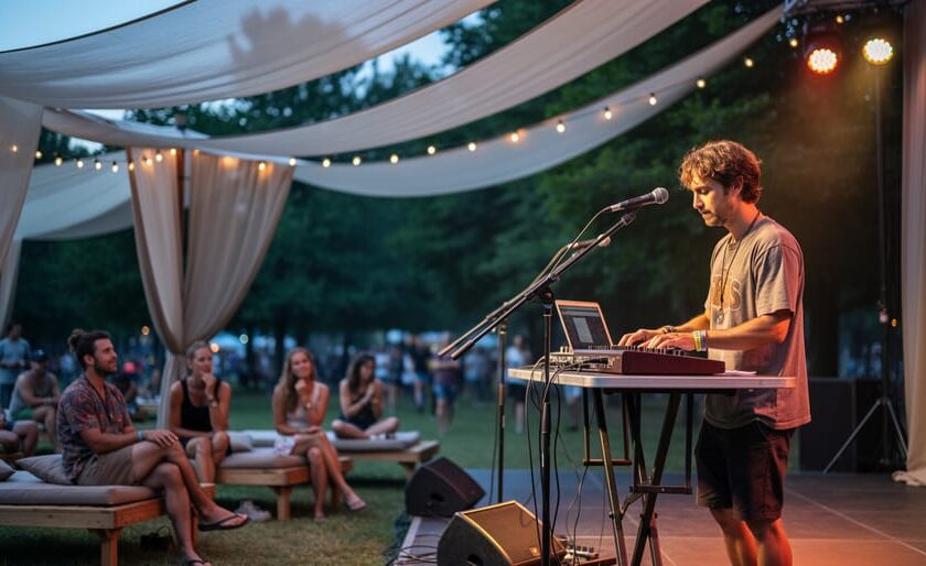 Outdoor festival chill zone with a relaxing live music performer under shaded canopies and an audience seated in a calm, laid-back setting.