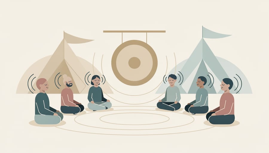 Hands preparing crystal singing bowls and a gong during a sound-healing session at a festival