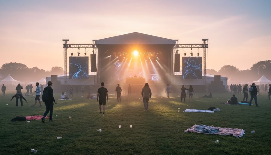 DJs setting up an ambient electronic set at a festival chill zone during sunrise with soft lights