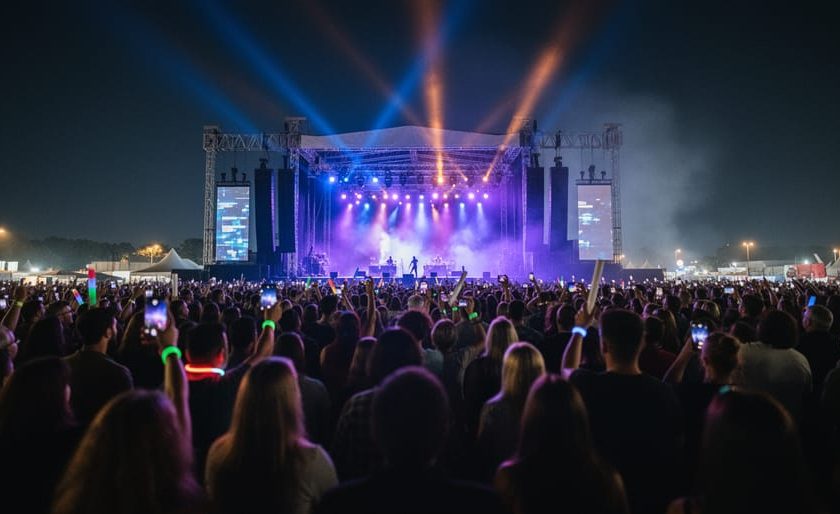 Nighttime view of a large outdoor music festival crowd facing a brightly lit main stage with colorful spotlights and light haze.