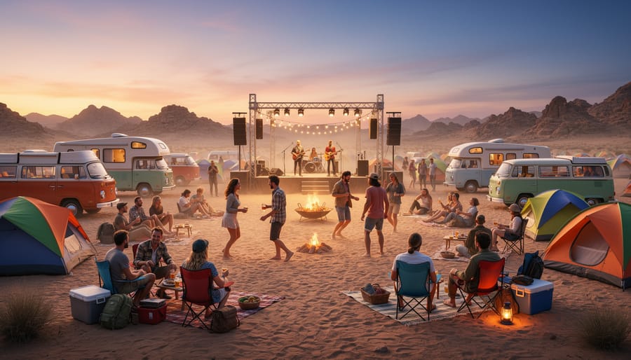 Canvas tents and string lights at a desert festival campsite during twilight